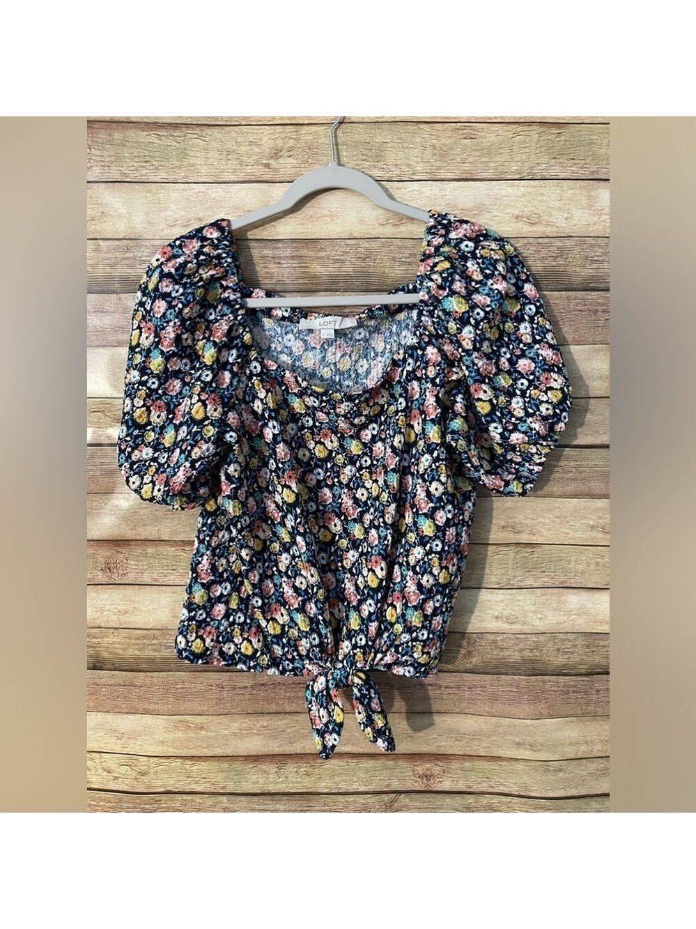 Loft Womens Floral Print Textures Square Neck Puff Sleeve Front Tie Top Size M